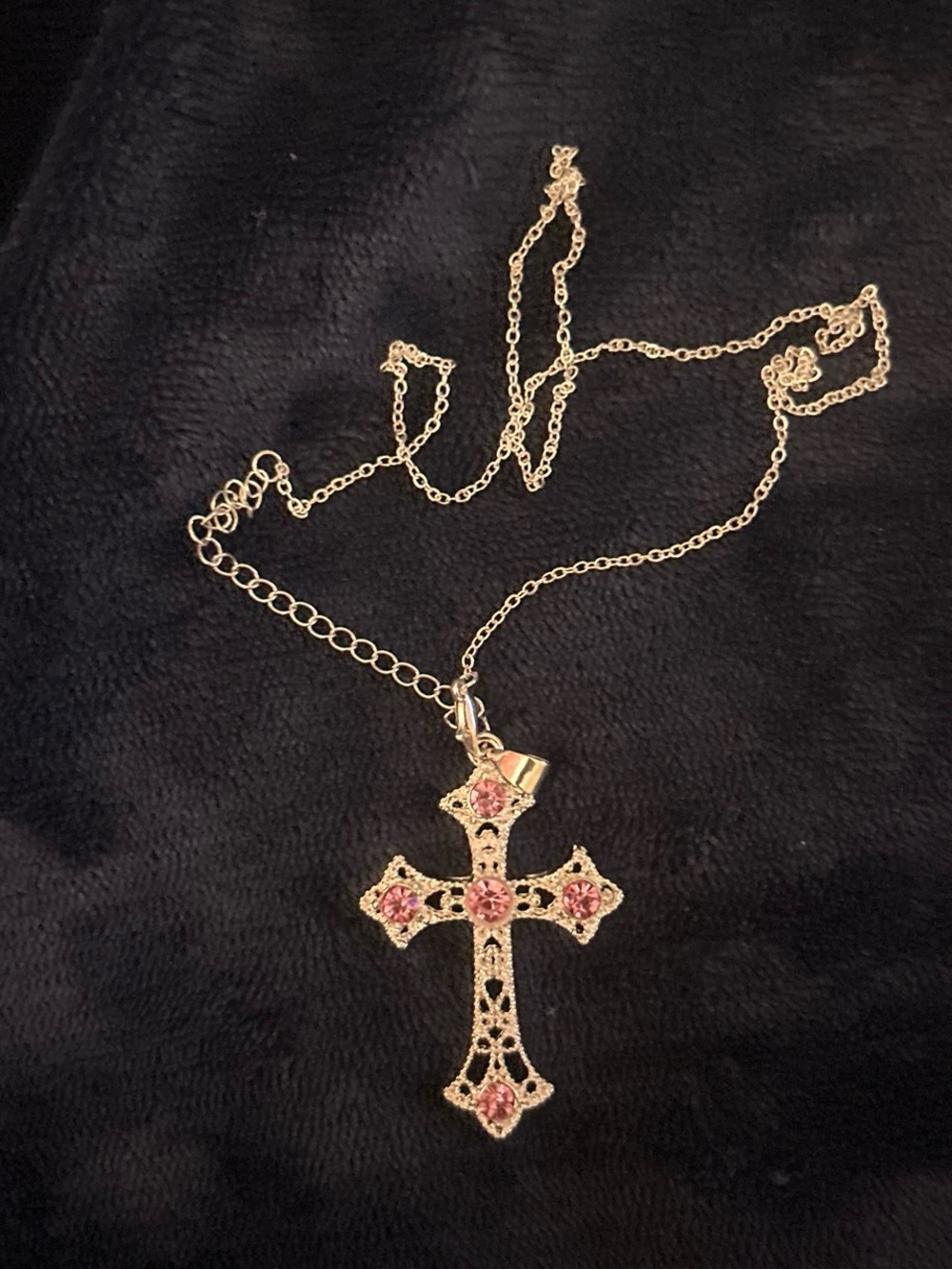 Silver Cross With Pink Gems